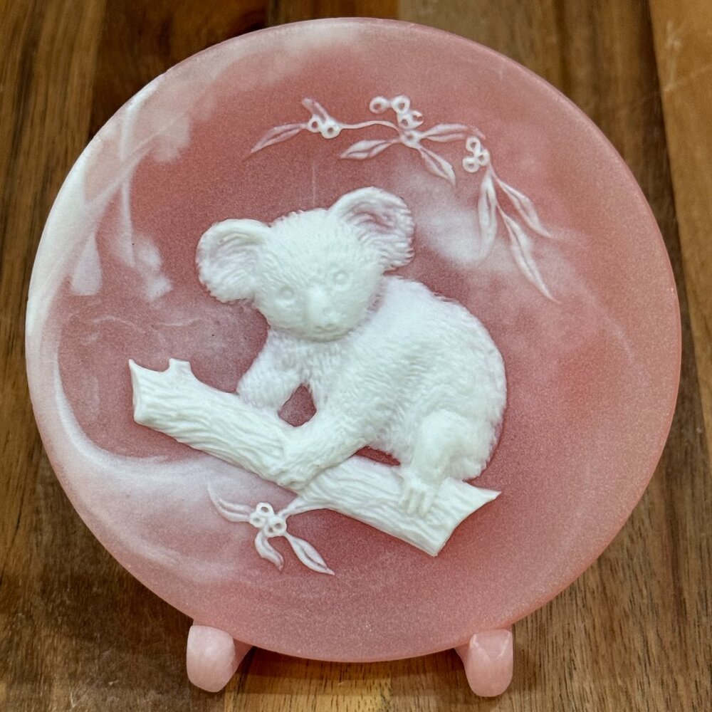 Vintage Koala Bear Hand Carved Rose Colored Marlestone Plate Australia